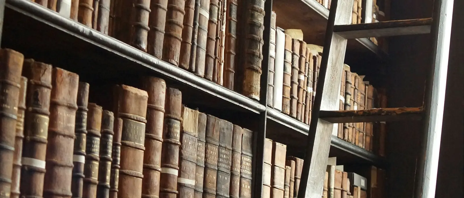 A wooden ladder against shelves of old books