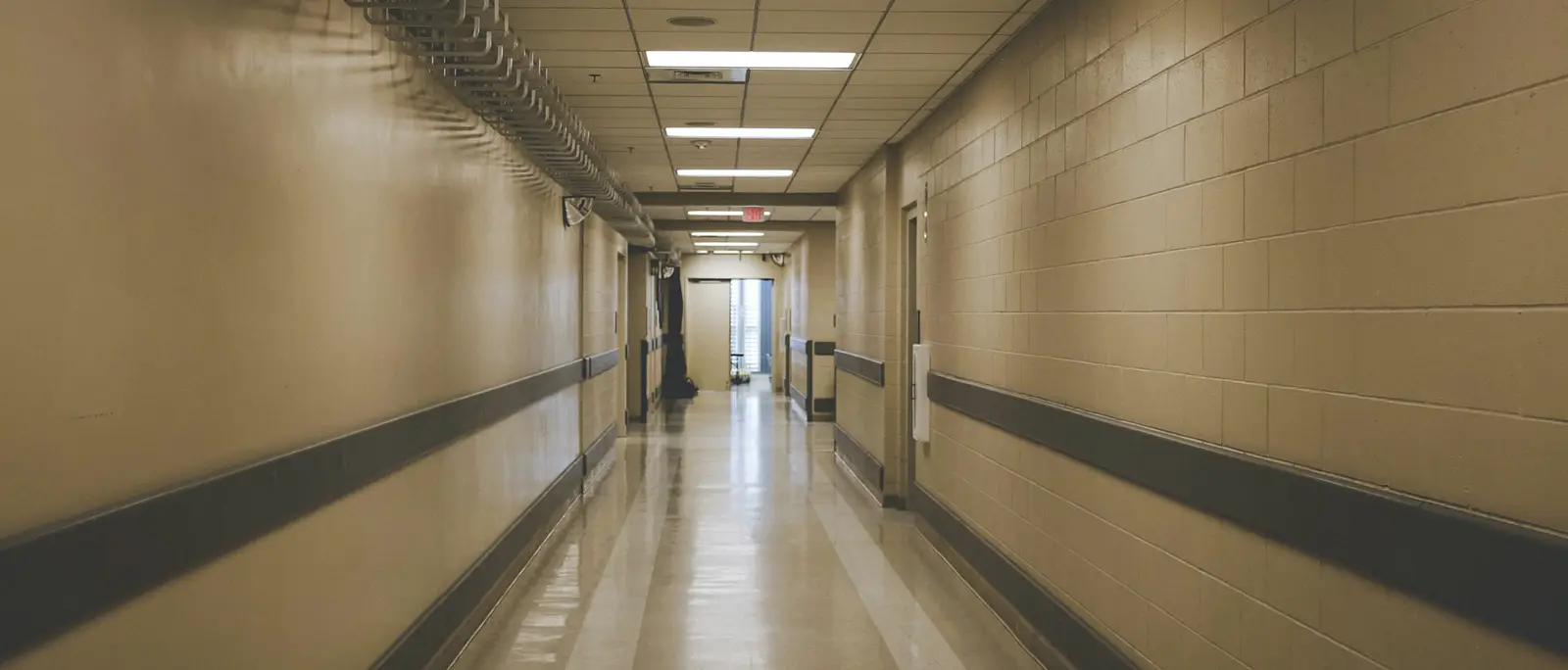 A long, empty school hallway