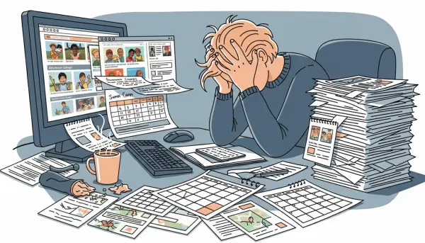 Frustrated parent researching camps across multiple browser tabs